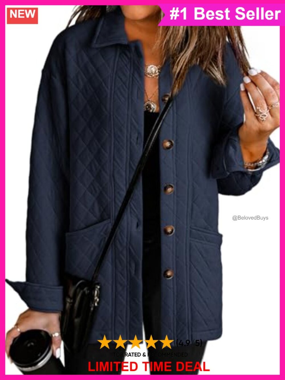 Quilted Lightweight Button Down Collared Long Sleeve Coat with Pockets